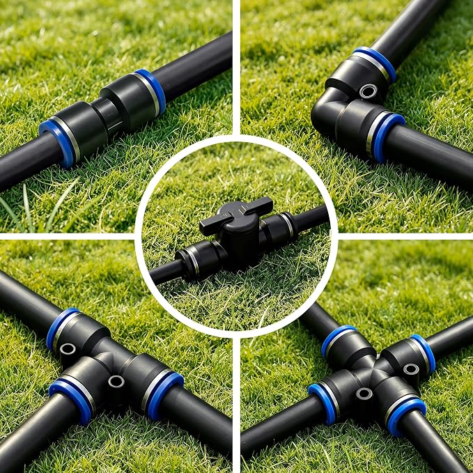 40PCS 5/16" Drip Irrigation Fittings, Quick Connect Drip System Parts | Drip Irrigation Connector Kits, Straight, Tee, Elbow, Cross Connectors, Valves and End Caps, DIY Garden Sprinkler System
