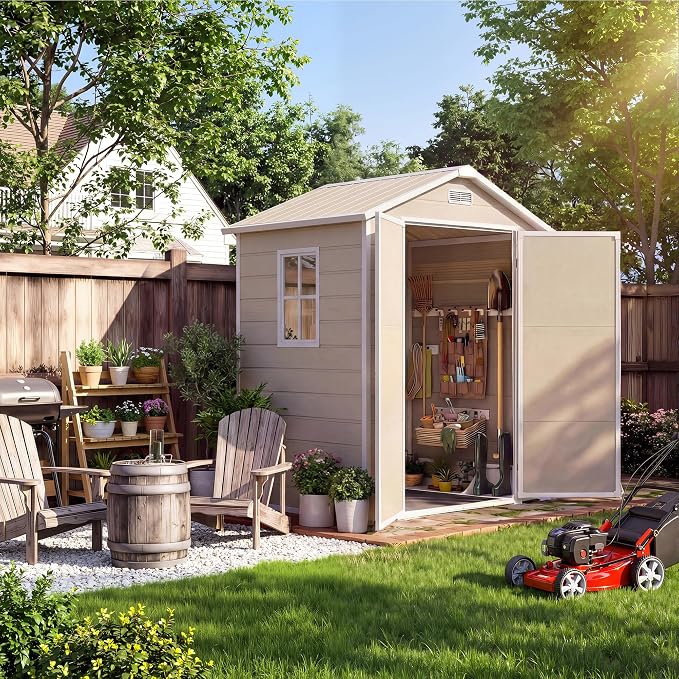 Garvee Plastic Outdoor Storage Shed with Floor, Resin Garden Shed | with Window & Sloping Roof & Lockable Door for Patio Backyard Garden, Lawn Mower, Bike, Tool Storage (Light Brown, 6' x 4')