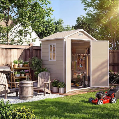 Garvee Plastic Outdoor Storage Shed with Floor, Resin Garden Shed | with Window & Sloping Roof & Lockable Door for Patio Backyard Garden, Lawn Mower, Bike, Tool Storage (Light Brown, 6' x 4')