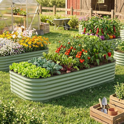 Raised Garden Bed 9x2 Ft, 17" Tall Galvanized Steel Metal Planter Box, 11-in-1 Modular Large Garden Bed Kits for Outdoor Vegetable Flowers, Olive Green