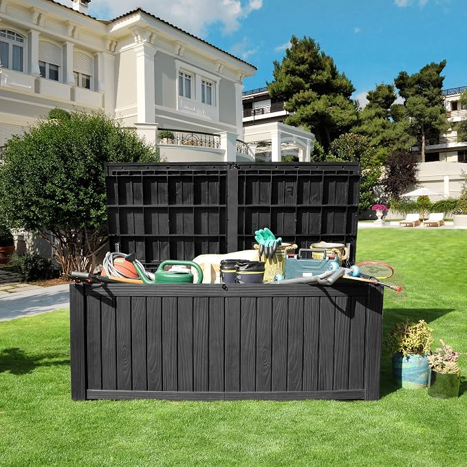 YITAHOME 180 Gallon Large Deck Box w/Divider | XL Waterproof Outdoor Storage for Patio Furniture,Outdoor Cushions, Garden Tools, Sports Equipment and Pool Supplies, Resin