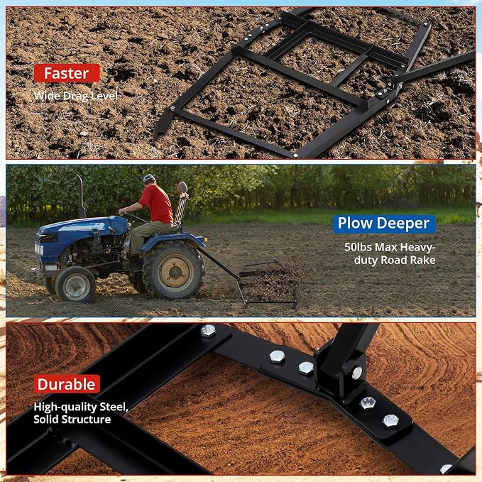 GarveeLife 74”Wide Drag Harrow, High Efficient Driveway Grader with Pin Hitch, Up to 50 LBS, Heavy Duty Lawn Leveling Rake Pull Behind Lawn Tractor Rake for Sand, Soil, Farm, Garden