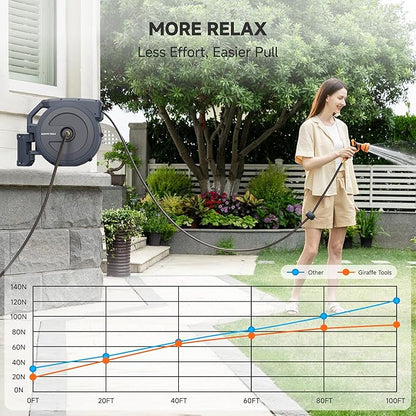 Giraffe Tools Heavy-Duty Wall-Mounted Hose Reel, 5/8" x 90 ft Retractable Hose with Automatic Rewind, 180° Swivel, Any-Length Lock & 7-Pattern Nozzle (Dark Grey)