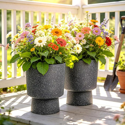 Autodaya 16.8" Black Terrazzo Pedestal Planters Set of 2 with Drainage Hole | Modern Plastic Flower Pots with Weather-Resistant Finish for Indoor or Outdoor Garden, Patio, Balcony, or Entryway Decor