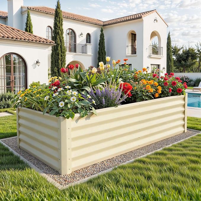 YITAHOME 6x3x3ft Large Raised Garden Bed Kit, Galvanized Metal Planter Box with Gloves, Support Rod, Outdoor Above Ground Planters for Plants Vegetables Flowers, Cream Yellow