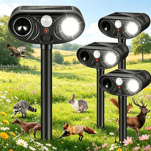 2026 new Solar Animal Repellent Ultrasonic Outdoor with Light Deer Repellent Devices Ultrasonic Cat Repellent Outdoor Fox Raccoon Rabbit Squirrel Coyote Deterrent Waterproof for Yard & Garden Black