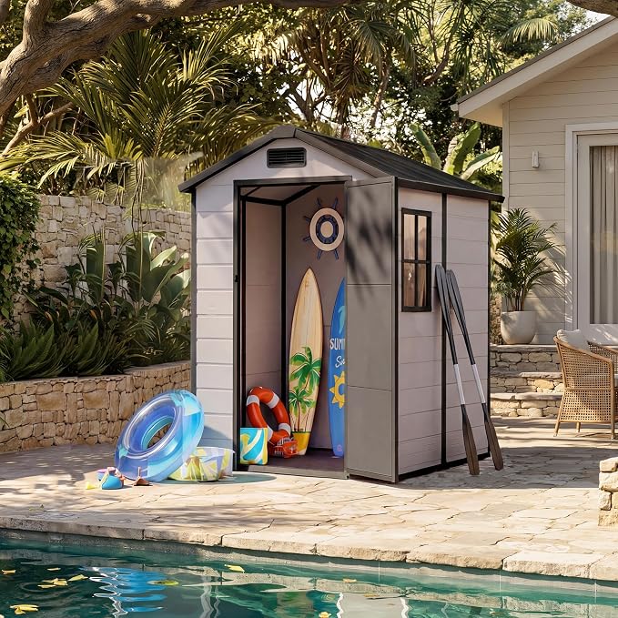 Garvee Outdoor Storage Shed with Floor, Plastic Resin Garden Shed with Window & Sloping Roof & Lockable Door for Patio Backyard Garden, Lawn Mower, Bike, Tool Storage (Grayish White + Black, 4' x 6')