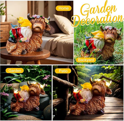 Pohabery Garden Gnome Statue - Highland Cow with Solar Flower LED Lights and Bird - Funny Outdoor Decor for Table, Patio, Lawn - Unique Birthday Gifts for Mom, Women, and Christmas Decorations