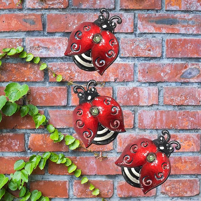 Metal Ladybugs Wall Art Decor, Large Ladybugs Wall Sculpture, Garden Decor | BVLFOOK; Hanging for Outdoor; Garden décor; Yard décor; Lawn Patio; 9.5 * 7 Inch, 3 Pack; Gift for Family