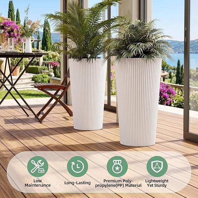 24" Tall Planters for Outdoor Plants with Insert, Set of 2 White | Large Outdoor Planters for Front Porch Decor with Drainage Hole, Plastic Striped Flower Pots Fits Indoor Plants Patio Garden