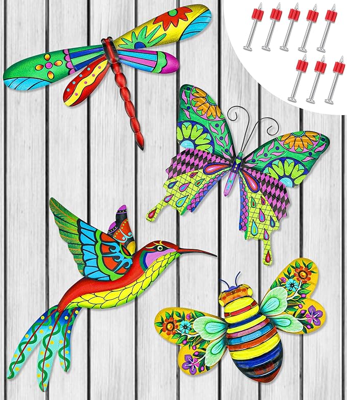 4pcs Metal Outdoor Wall Art Decor,3D Colorful Dragonfly+Hummingbird+Butterfly+Bee Hanging Decorations Ornament for Garden Fence,Patio,Yard