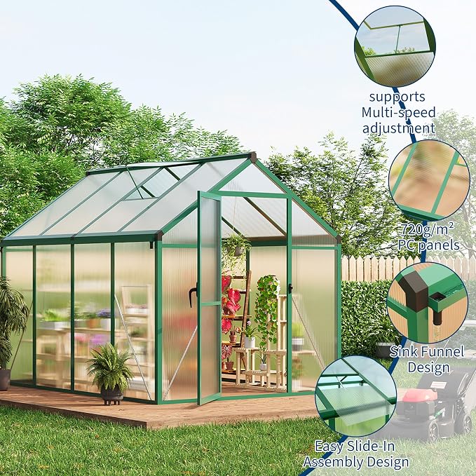 6x8 ft Walk-in Greenhouse, Polycarbonate Panels with Reinforced Aluminum Frame, Large Garden Green House for Planting and Seed Starting, Quick-Assembly Structure with Adjustable Roof Vent