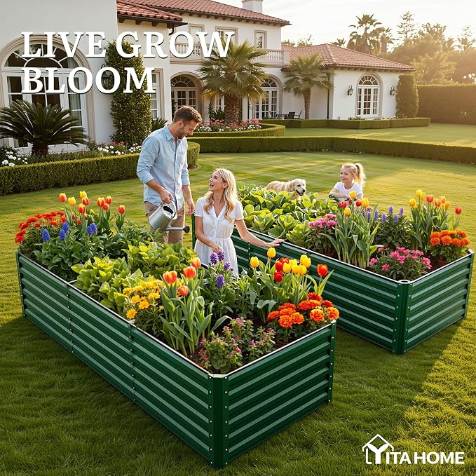 YITAHOME 8x4x2ft Large Raised Garden Bed Kit, Galvanized Metal Planter Box with Gloves, Ground Nails, Support Rod & Safety Rubber, Outdoor Above Ground Planters for Plants Vegetables Flowers, Green