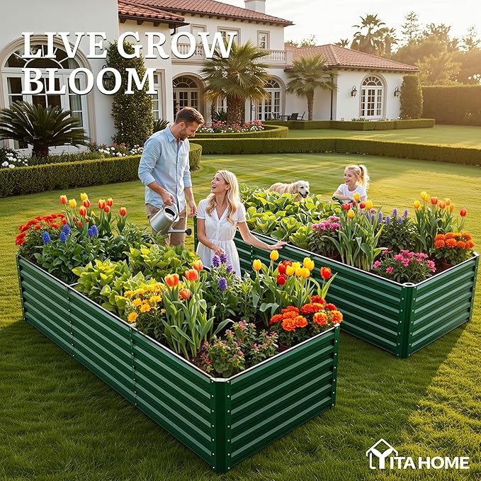 YITAHOME 6pcs 8x4x2 ft Galvanized Raised Garden Bed Kit, Large Metal Planter Box with Gloves, Safety Rubber & Support Rod, Outdoor Flower Bed for Plants Vegetables, Green