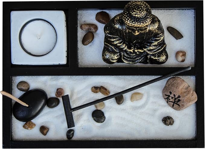 Basic Fundamentals Zen Garden Deluxe Desk Meditation Garden Buddha Statue with Tea Light Holder, Incense Holder, Incense, Rocks, Sand, and Rake (Candle Not Included)