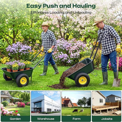 2 Wheel Wheelbarrows, Dual-Wheel Garden Dump Cart with 10" Non-Slip Pneumatic Tires & Ergonomic Padded Handle, Heavy-Duty Utility Yard Cart Wagon with 3 Cu Ft Capacity for Lawn, Gardening,Farm