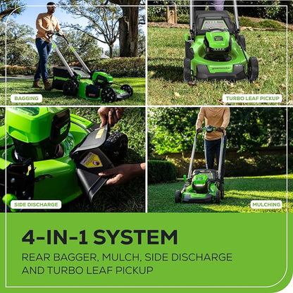 Greenworks 80V 21" Brushless Cordless (Push) Lawn Mower (LED Headlight + Aluminum Handles), 4.0Ah + 2.0Ah Battery and Rapid Charger Included (75+ Compatible Tools)