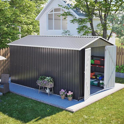 YOPTO 8x12 FT Large Outdoor Storage Shed with Lockable Doors & Floor Base,Weather-Resistant Metal Tool Shed for Garden, Backyard,Patio,Lawn,Gray
