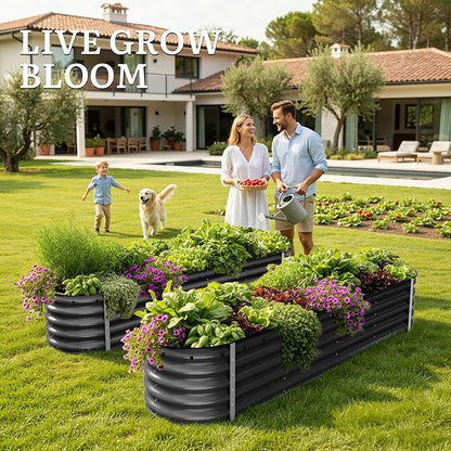 YITAHOME 8x2x1.5ft Galvanized Oval Raised Garden Bed, Metal Planter Box with Safety Rubber, Gloves, Outdoor Flower Bed for Planting Plants Vegetables, Black