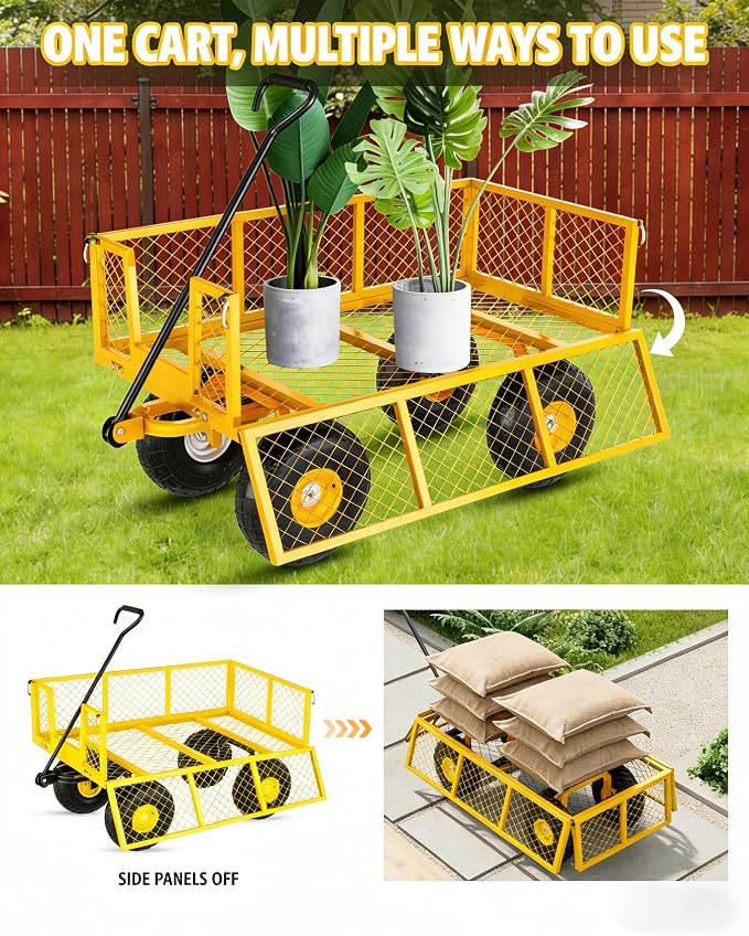 GarveeLife Heavy Duty Steel Garden Cart 500 LBS Capacity 3 in 1 Pullable Garden Wagon with 10 in Wheels for Gardening Soil, Tools, and Plant Transport