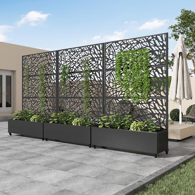 Casaphoria Metal Raised Garden Bed with Trellis and Wheels, 72"x47"x16" Planter Box for Climbing Plants, Vegetables & Vines, Features Drainage Holes and Privacy Screen (Black-Net)