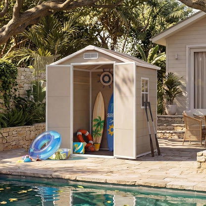 Garvee Plastic Outdoor Storage Shed with Floor, Resin Garden Shed | with Window & Sloping Roof & Lockable Door for Patio Backyard Garden, Lawn Mower, Bike, Tool Storage (Light Brown, 6' x 4')