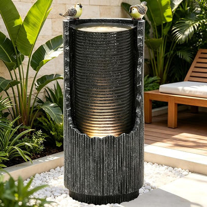 32" Cracked Jar Outdoor Water Fountain LED Bird Cascading Waterfall | 3D concrete texture, bird accents, garden patio deck,Oasis for Porch