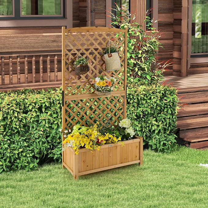 Giantex Planter Raised Bed with Trellis, 71" Wooden Garden Bed, High Trellis for Vine Plant Flower Climbing Pot Hanging, Indoor & Outdoor Planter Box for Yard, Garden, Balcony