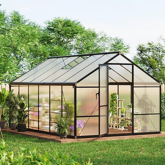 8x12 ft Walk-in Greenhouse, Polycarbonate Panels with Reinforced Aluminum Frame, Large Garden Green House for Planting and Seed Starting, Quick-Assembly Structure with Adjustable Roof Vent