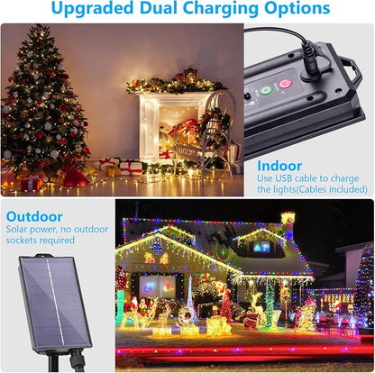 Solar String Lights Outdoor Waterproof 40Ft, 18 Colors Changing 100 LED Christmas Lights Solar Powered & USB with Remote, RGB Fairy Lighting for Outside Tree Fence Party Indoor Halloween Decor