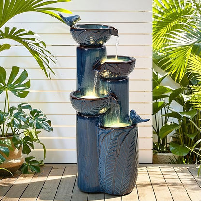 33" H Ceramic Outdoor Water Fountain with LED Lights, 4-Tier Bowl Water Feature with Birds, Teal Blue Glaze, Embossed Leaf Pattern, Cascading Waterfall for Tranquil Garden, Patio, or Porch
