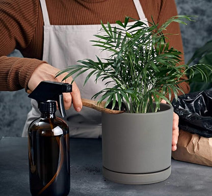 D'vine Dev 6 Inch Ceramic Planter Pot, Grey, 94-O-C-3 | Modern Cylinder Design, Drainage Hole & Saucer Included, Stable Structure, Elegant Home Accent
