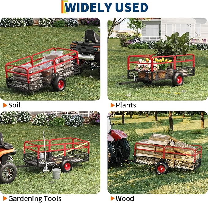 PeakPursuit Tow Behind Steel Dump Cart, Heavy Duty Yard Garden Trailer with Removable Sides & All Terrain Tires, Fits Lawn Mower, Tractor, Garden Cart, 1500 lbs 20 Cubic Feet, Red