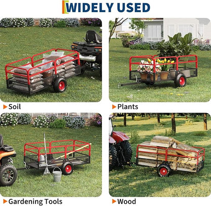 PeakPursuit Tow Behind Steel Dump Cart, Heavy Duty Yard Garden Trailer with Removable Sides & All Terrain Tires, Fits Lawn Mower, Tractor, Garden Cart, 1500 lbs 20 Cubic Feet, Red