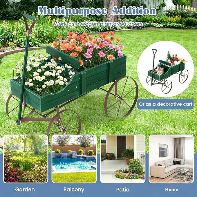DORTALA Wood Wagon Planter, Outdoor Garden Flower Planter Cart with Wheels, Small Decorative Wood Raised Bed Plant Pot Box Stand for Backyard, Patio, Balcony, Green
