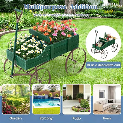 DORTALA Wood Wagon Planter, Outdoor Garden Flower Planter Cart with Wheels, Small Decorative Wood Raised Bed Plant Pot Box Stand for Backyard, Patio, Balcony, Green