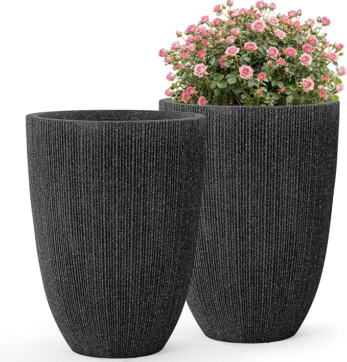 19" Black Concrete-Look Resin Tall Planters with Fluted Texture | Set of 2 resin tall planters with black fluted texture, drainage holes, and UV-resistant finish for porch or patio
