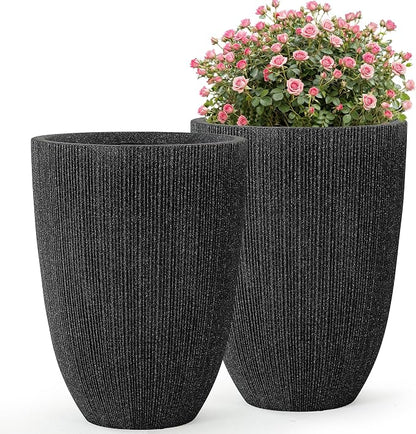 19" Black Concrete-Look Resin Tall Planters with Fluted Texture | Set of 2 resin tall planters with black fluted texture, drainage holes, and UV-resistant finish for porch or patio