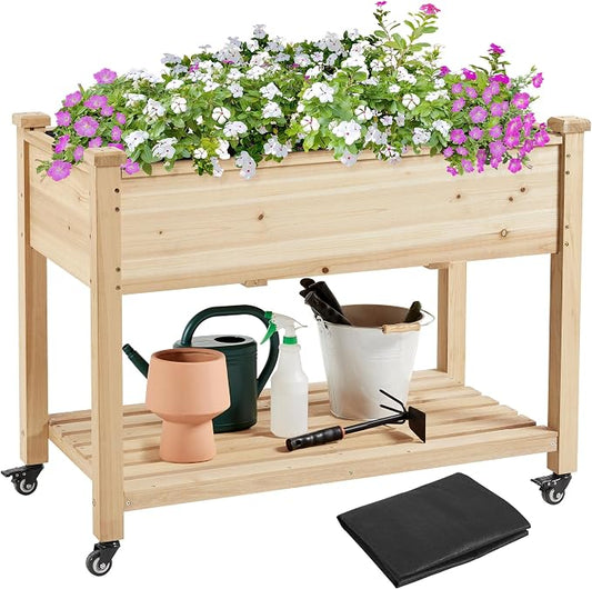 Topeakmart Solid Wooden Raised Garden Bed Vegetable Elevated Planter Kit Grow Gardening Box with Legs Storage Shelf & Wheels, 42x23x33in