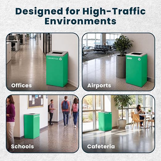 Alpine Commercial Indoor Recycle Bin - 29 Gallon Modern Looking Green Recycle Bin, Office Recycling Bins, Metal Trash and Recycling Container with Stickers & 3 Optional Lids (lid Sold Separately)