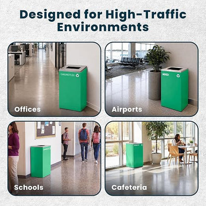 Alpine Commercial Indoor Recycle Bin - 29 Gallon Modern Looking Green Recycle Bin, Office Recycling Bins, Metal Trash and Recycling Container with Stickers & 3 Optional Lids (lid Sold Separately)