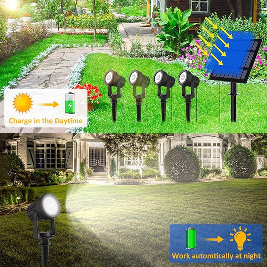 T-SUNUS Christmas Solar Garden Spotlight White Outdoor, 4-in-1 Spot Lights 6000K IP65 Waterproof 9.8ft Cable 5W Separated Panel, Auto On/Off Spotlights for Tree Yard Driveway Pathway Pond Halloween