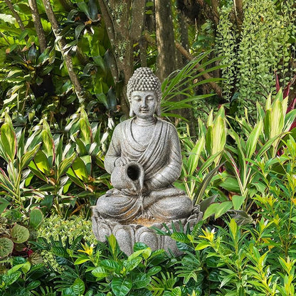 Glitzhome Buddha Fountain Outdoor 20.5" H, 2-Tier Zen Style Concrete Meditating Buddha Statues Water Fountains with Pump & LED Light, Buddhas Floor Fountains Sculpture for Garden Patio Backyard