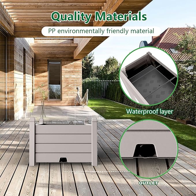 Vixzen Raised Garden Bed Outdoor,Resin Weatherproof Planter Box with Drain Hole and Water Level Detector,for Planting Plants Vegetables (Grey, 43.31"×17.72"×12.6")