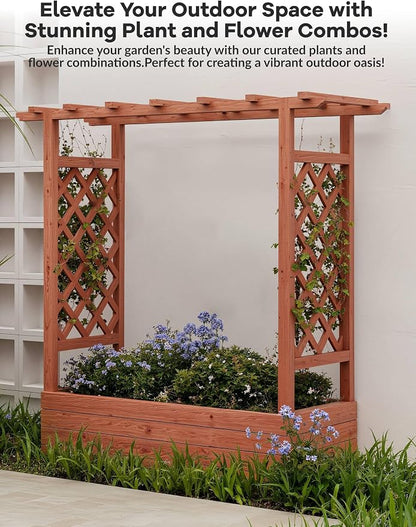 Garvee Raised Garden Bed with Trellis & Hanging Roof, Wood Planter Box with Bottom and Drainage Holes, Freestanding Garden Planter for Flower Vegetable Fruit Herb Climbing Vines, 43“x17“x44“