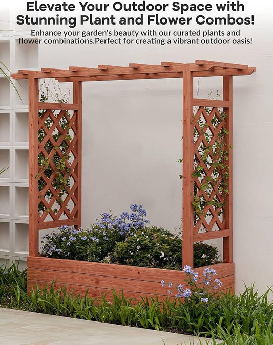 Garvee Raised Garden Bed with Trellis & Hanging Roof, Wood Planter Box with Bottom and Drainage Holes, Freestanding Garden Planter for Flower Vegetable Fruit Herb Climbing Vines, 43“x17“x44“