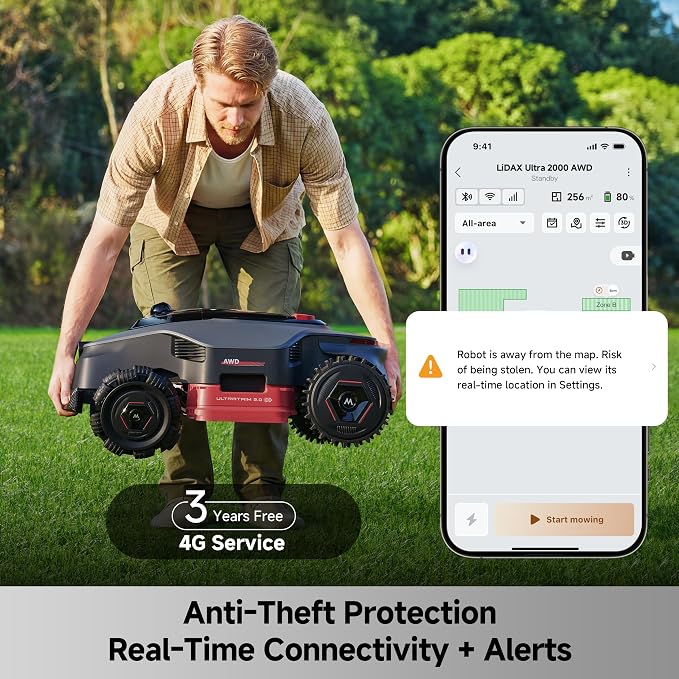 MOVA LiDAX Ultra 2000 AWD Robot Lawn Mower Wire Free RTK Free for up to 0.5 Acre*Dual Maps, 360° 3D LiDAR & AI Dual Vision Mapping, Robotic Mower with 4G, for 80% Slopes, Cutting Height 1.2”–3.9“