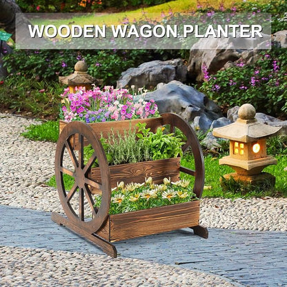 Beeveer 3 Tier Wooden Wagon Planter Box 24" x 24.5" x 22.5" Garden Planter for Outside Wood Planter Box with Drainage Holes Decorative Planters for Patio Garden Balcony Vegetables Flowers Herbs