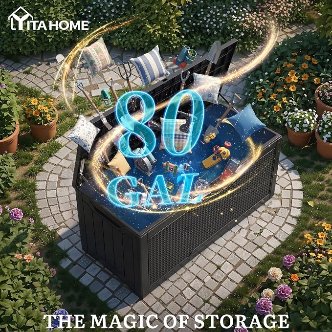 YITAHOME 80 Gallon Outdoor Storage Box | Large Water Resistant Resin Deck Box w/Silver Decorative PVC Trim Panel, Lockable Rattan Storage Container for Patio, Garden