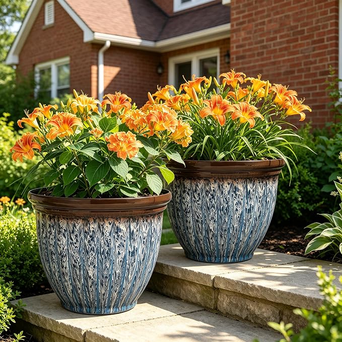 15" Large Flower Pots, 2-Pack Big Plastic Planters for Outdoor Plants | Plant Pot with 3D Textures, Artistic Floating Blue Brown Glaze, Weather-Resistant for Porch, Garden, Patio Yard or Indoor Use